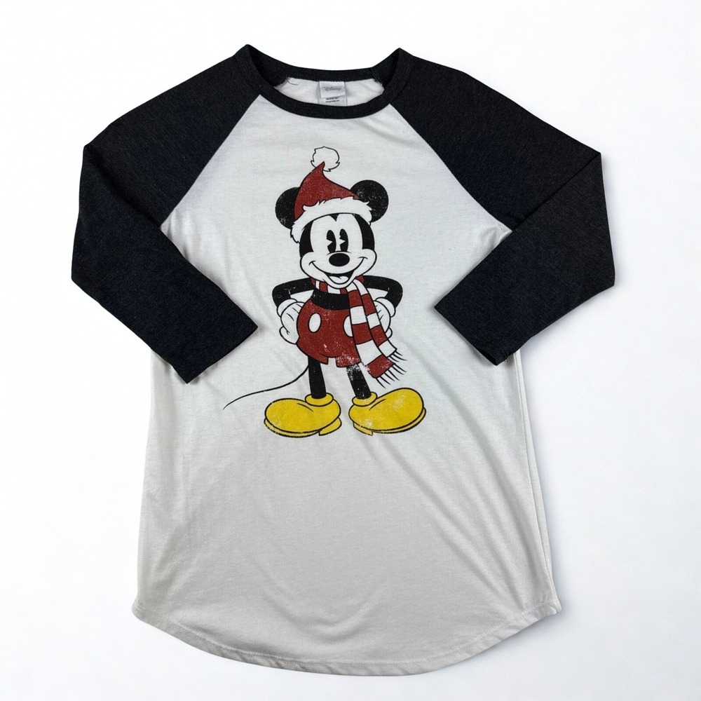 Disney Mickey Mouse Christmas Raglan Tee Small Santa‎ Hart Scarf Shirt Holiday